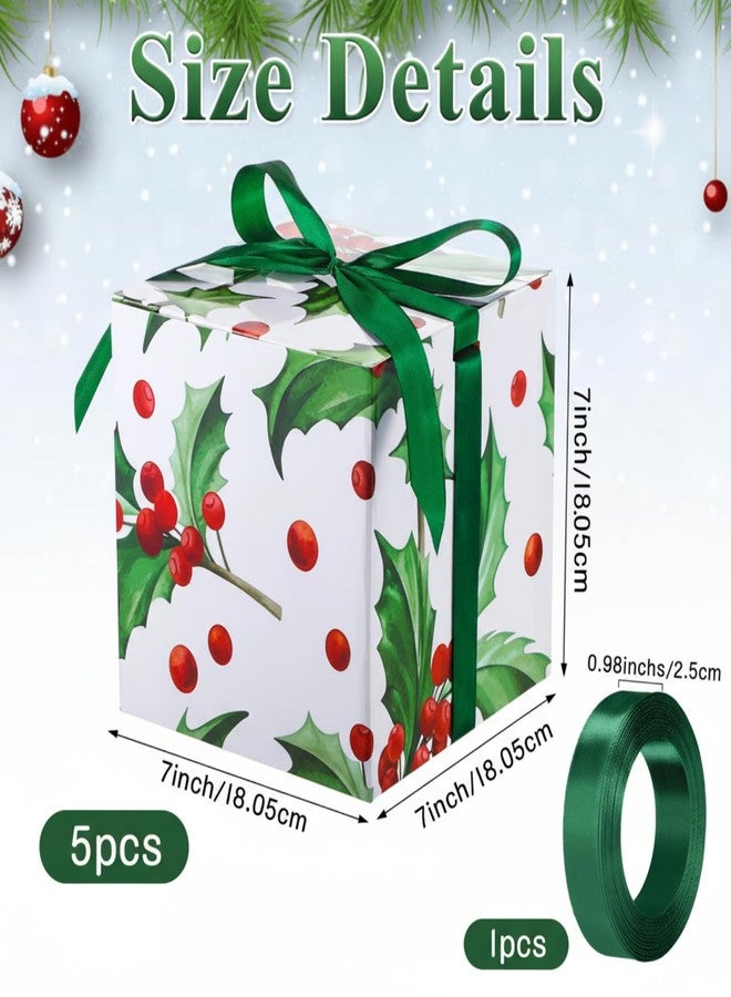 MotiMind 5 Pack Holly Berry Christmas Gift Boxes with Lids 7x7x7 Square Gift Box with Ribbons for Wrapping Christmas Presents Wedding Bridesmaid Holiday Party Favor Boxes - Image 2
